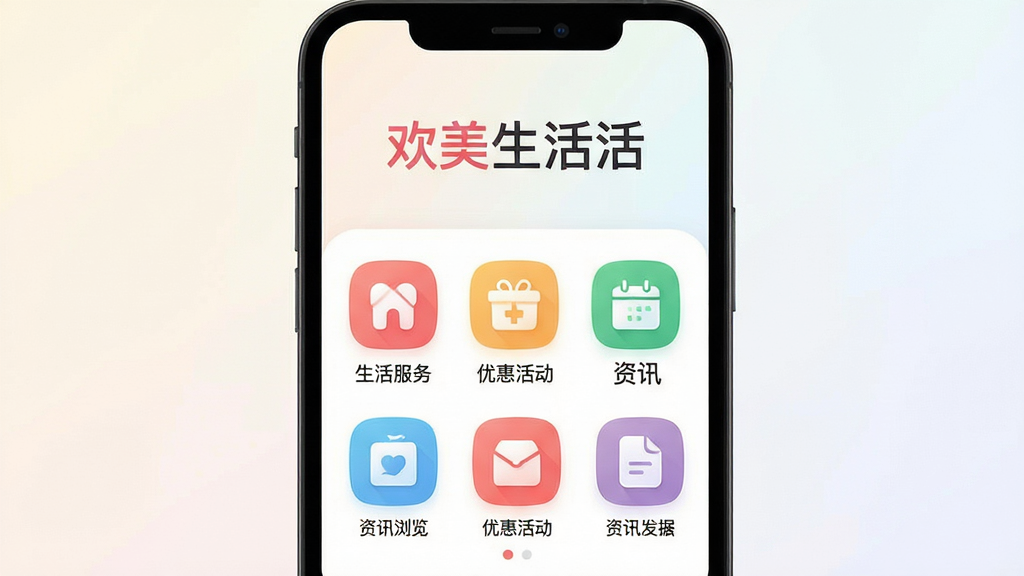 手机屏幕中央展示欢美生活应用主界面,界面上方有欢美生活的文字标识,下方排列着生活服务、优惠活动、资讯浏览等图标模块,背景为干净的浅色渐变,整体布局简洁清晰,风格现代扁平化,细节上图标圆润、文字清晰,画质高清,画面干净,无多余元素