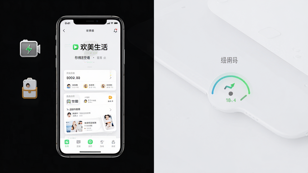 欢美生活应用在手机上的运行状态展示,手机屏幕显示欢美生活界面流畅滑动,旁边有存储空间图标和运行速度标识,背景为干净的白色与浅灰色,布局为左右分栏排版,风格科技简约,细节上手机边框清晰、界面文字可辨,画质高清,画面干净,无多余元素