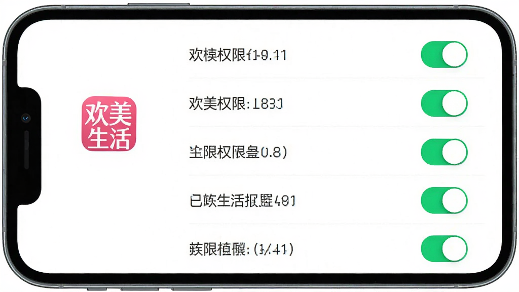 欢美生活权限管理界面展示,手机屏幕显示应用权限设置页面,页面上有欢美生活的图标和权限开关列表,背景为干净的白色,布局为列表式排版,风格简约实用,细节上开关按钮清晰、文字大小适中,画质高清,画面干净,无多余元素