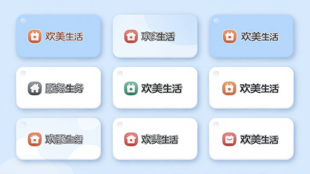 欢美生活应用内页展示,画面中央为多个生活服务卡片整齐排列,卡片上有欢美生活的标识,背景为柔和的浅蓝色调,布局采用网格状排版,风格清新简约,细节上卡片有轻微阴影和圆角,画质清晰,画面干净,无多余元素