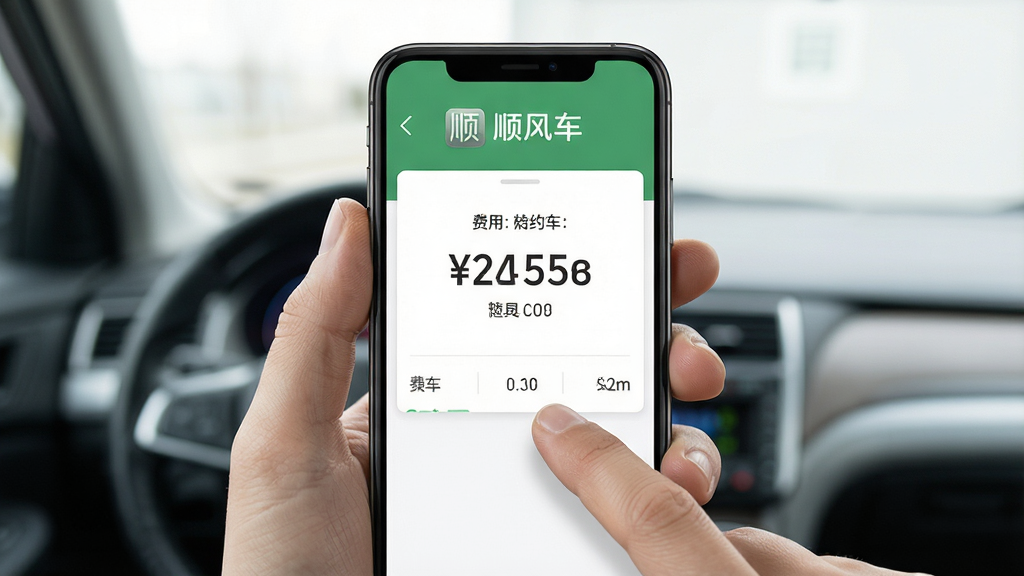 一张展示顺风车网约车计价软件在手机端运行的操作示意图,主体为手持手机展示计价结果页面,布局为手机居中显示,排版为上方软件名称下方费用数字,风格为写实风格,细节包括手指点击屏幕、清晰的费用数字、简洁的背景,画质高清干净无多余元素