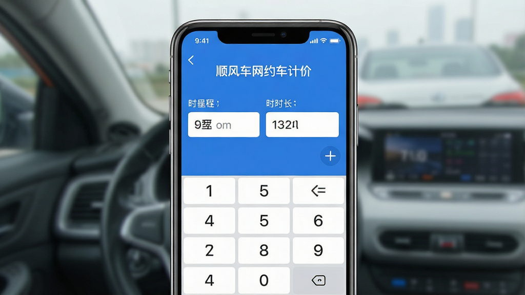 一张展示顺风车网约车计价软件主界面的图片,主体为手机屏幕显示计价输入页面,布局为居中展示手机界面,排版为上方软件名称“顺风车网约车计价”下方为里程与时长输入框,风格为现代简约扁平化设计,细节包括蓝色主色调、白色背景、清晰的数字键盘图标,画质高清干净无多余元素