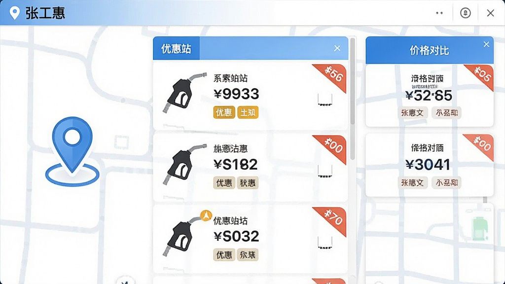 主体为“张工惠”软件界面截图,布局为左中右三栏,左侧是地图定位图标,中间是加油站列表与优惠标签,右侧是价格对比卡片,排版整齐,风格为清爽的蓝白商务风,细节包含油枪图标、价格数字、折扣角标,画质清晰,干净,无多余元素