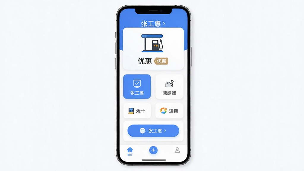 主体为一部智能手机,屏幕中显示“张工惠”应用首页界面,布局为上下结构,上方是加油站图标与优惠标签,中间是功能入口列表,下方是导航栏,排版简洁清晰,风格为现代扁平化设计,细节包含蓝色主题色、卡片式模块、圆角按钮,画质高清,干净,无多余元素