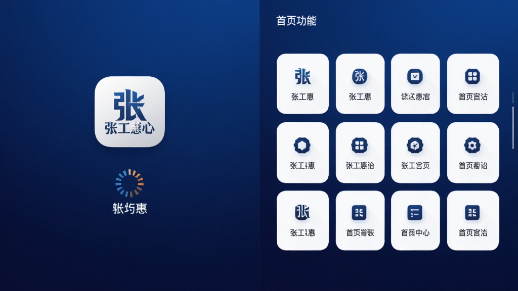 主体为“张工惠”软件启动页与首页对比图,布局为左右并排,左侧是启动图标与加载动画,右侧是首页功能宫格,排版对称,风格为极简科技感,细节包含深蓝渐变背景、白色图标、圆角卡片,画质高清,干净,无多余元素