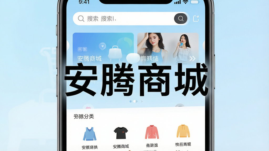 一张手机屏幕展示购物APP首页界面,画面中央有醒目的