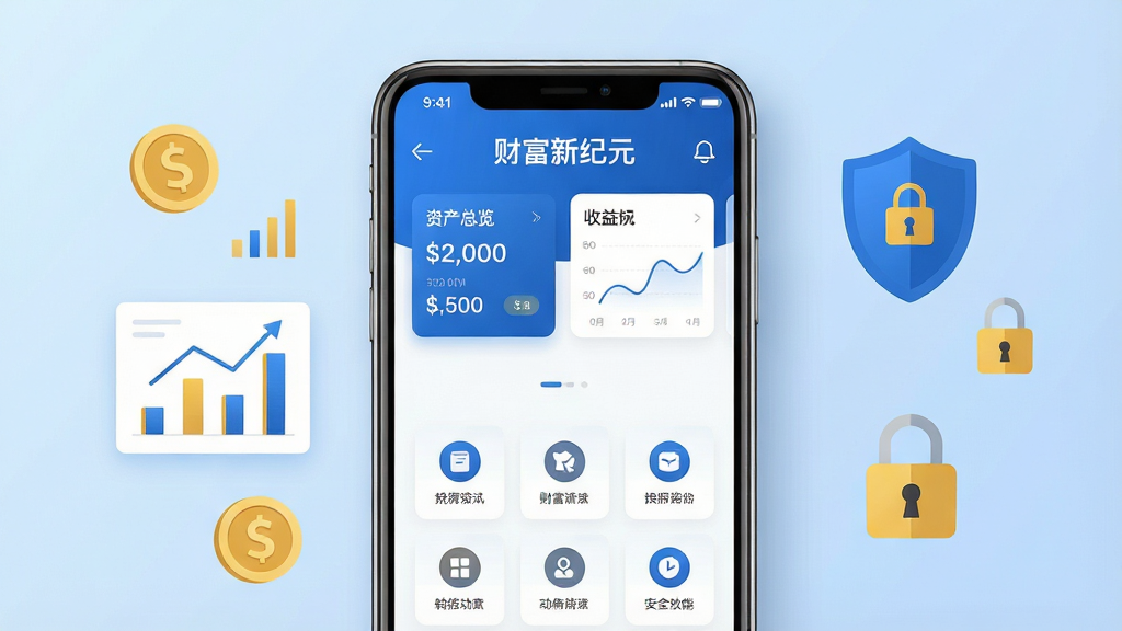 画面中央放置一部智能手机,手机屏幕上显示“财富新纪元”应用主界面,界面包含资产总览卡片、收益曲线图与功能图标网格;背景为浅蓝色渐变,左侧悬浮金币与图表元素,右侧点缀盾牌与锁形图标象征安全;整体采用扁平化科技风格,色彩以蓝、白、金为主;细节上手机边缘有柔和阴影,图标清晰锐利;画质干净清晰,无多余元素,2K分辨率