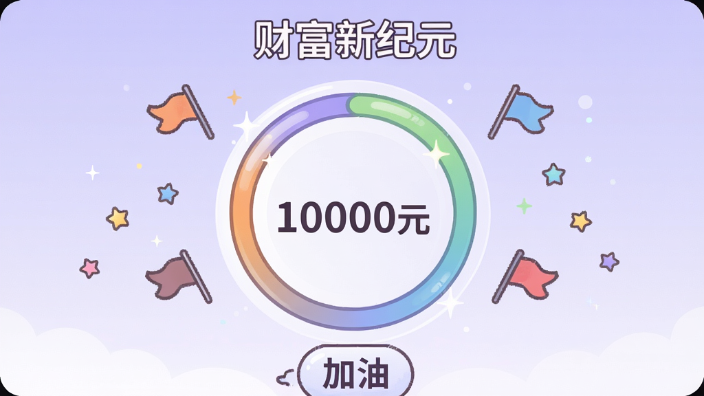 画面中央为“财富新纪元”目标储蓄界面,显示一个圆形进度条与目标金额“10000元”,周围环绕小旗帜与星星图标;背景为淡紫色渐变,底部有“加油”文字气泡;风格为清新插画风;细节上进度条有光泽感,文字清晰;画质干净,无多余元素,2K分辨率