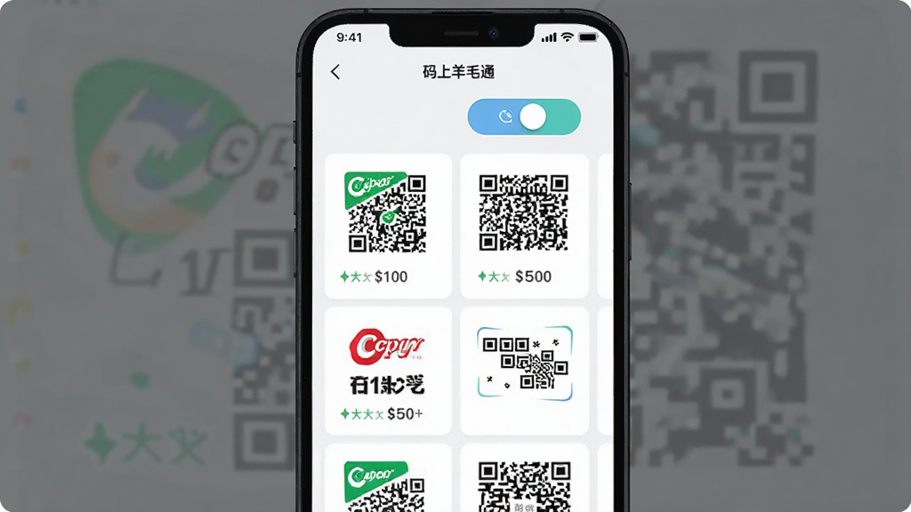 一个手机应用界面展示多个收款二维码卡片排列,顶部有