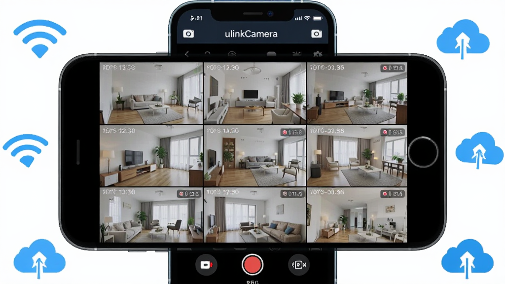 一款名为ulinkCamera的手机监控应用主界面展示,画面中央是手机屏幕,屏幕内呈现多路监控画面网格布局,每路画面显示不同房间的实时视频,画面清晰明亮,手机周围环绕WiFi信号图标和云存储图标,整体布局居中对称,风格为科技感扁平化设计,细节包括摄像头图标、录制按钮、时间戳水印,画质高清,画面干净,无多余元素