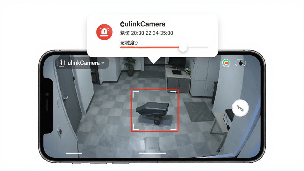 ulinkCamera移动侦测报警功能展示,画面中央是手机屏幕显示监控画面,画面中有一个红色方框标注移动物体,屏幕上方弹出报警通知卡片,整体布局居中,风格为安全防护类科技插画,细节包括警报图标、时间戳、灵敏度滑块,画质高清,画面简洁无冗余