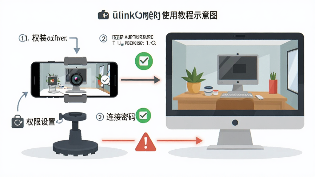 ulinkCamera使用教程示意图,画面展示一部手机作为摄像头端固定在支架上,旁边有一台电脑显示监控画面,画面中用箭头标注安装步骤、权限设置、连接密码等关键操作,布局为流程图样式,风格为教程类扁平插画,细节包括步骤数字、勾选图标、警告图标,画质高清,画面清晰易懂