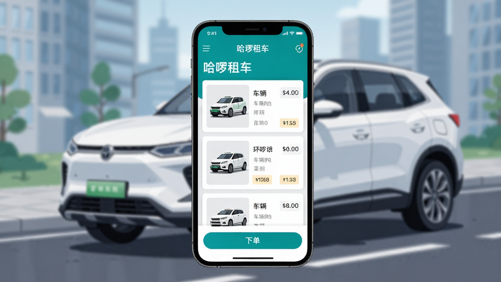哈租车手机APP界面展示,主体为一辆白色SUV汽车停在城市道路旁,手机屏幕显示哈租车APP的车辆列表和下单页面,布局为手机居中、汽车在背景虚化处,排版简洁清晰,风格为现代科技感扁平插画,细节包括手机屏幕上的“哈租车”文字标识、车辆图标、价格标签、定位按钮,画质高清,干净,无多余元素