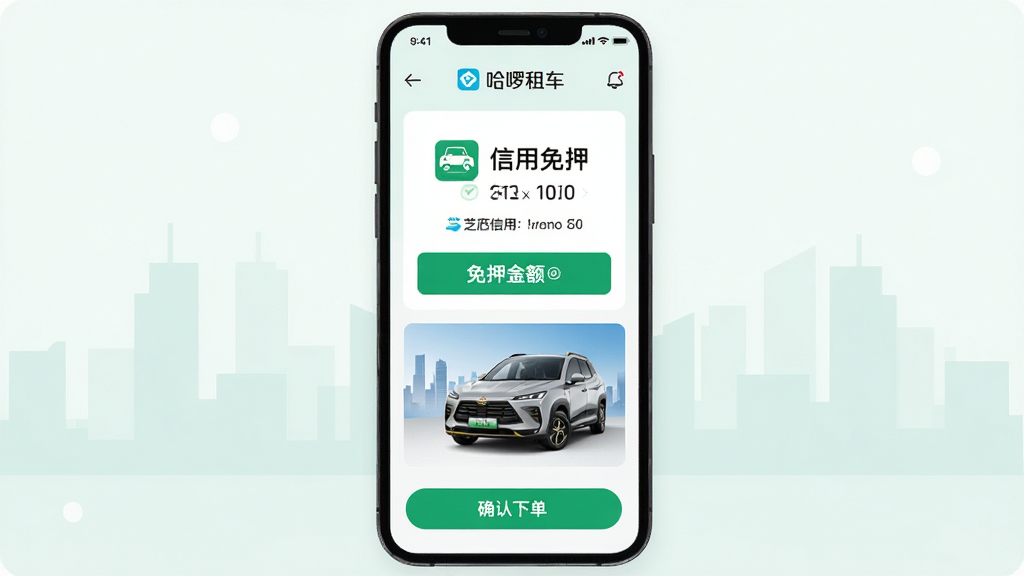哈租车APP信用免押租车功能展示,主体为手机屏幕显示“信用免押”标识和芝麻信用分数,布局为手机居中、背景为简约城市剪影,排版突出信用免押按钮和车辆图片,风格为清新浅色扁平化设计,细节包括“哈租车”文字、芝麻信用图标、免押金额显示、确认下单按钮,画质高清,干净,无多余元素