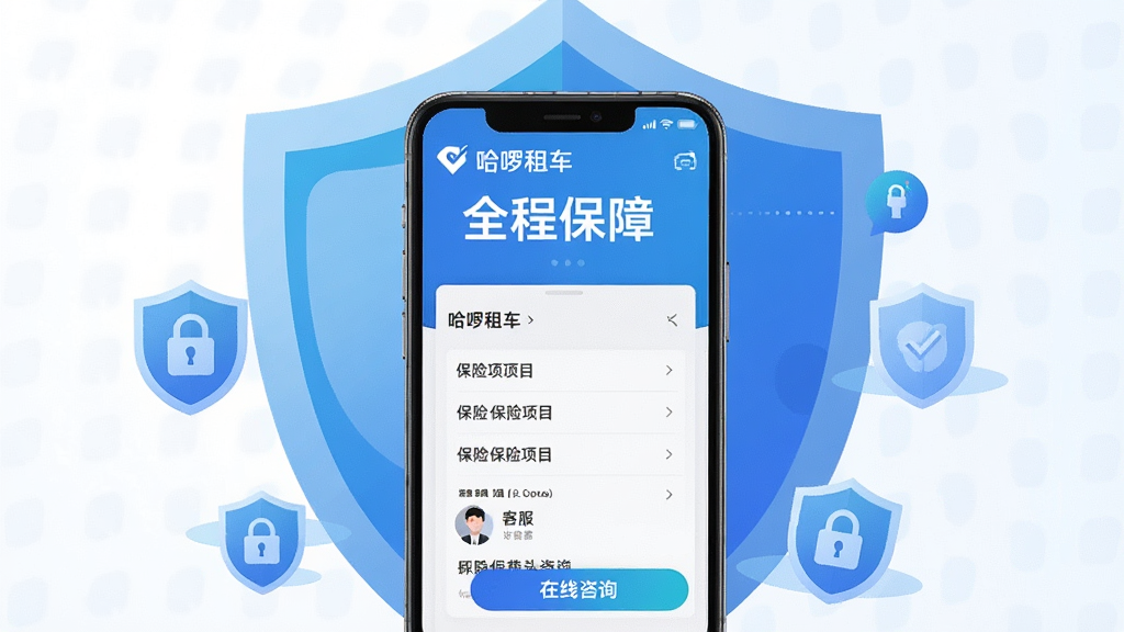 哈租车全程保障服务展示,主体为手机屏幕显示保险保障页面和客服沟通界面,布局为手机居中、背景为盾牌和安全图标环绕,排版突出“全程保障”文字和保险选项,风格为科技蓝渐变扁平设计,细节包括“哈租车”标识、保险项目列表、客服头像、在线咨询按钮,画质高清,干净,无多余元素