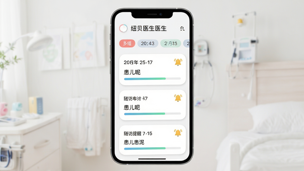 纽贝医生医生端患者管理列表界面,主体为手机屏幕显示分组标签与随访提醒卡片,布局为纵向列表,排版包含彩色标签、日期时间、患儿昵称,风格为柔和圆角卡片设计,细节有铃铛提醒图标、进度条,画质高清,干净无多余元素