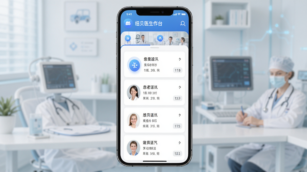 纽贝医生医生端软件主界面截图,展示医生工作台与患者列表,主体为手机屏幕居中放置,布局干净整齐,排版清晰,风格为现代医疗科技风,细节包含蓝色渐变图标、白色背景、卡片式患者信息,画质高清,干净无多余元素