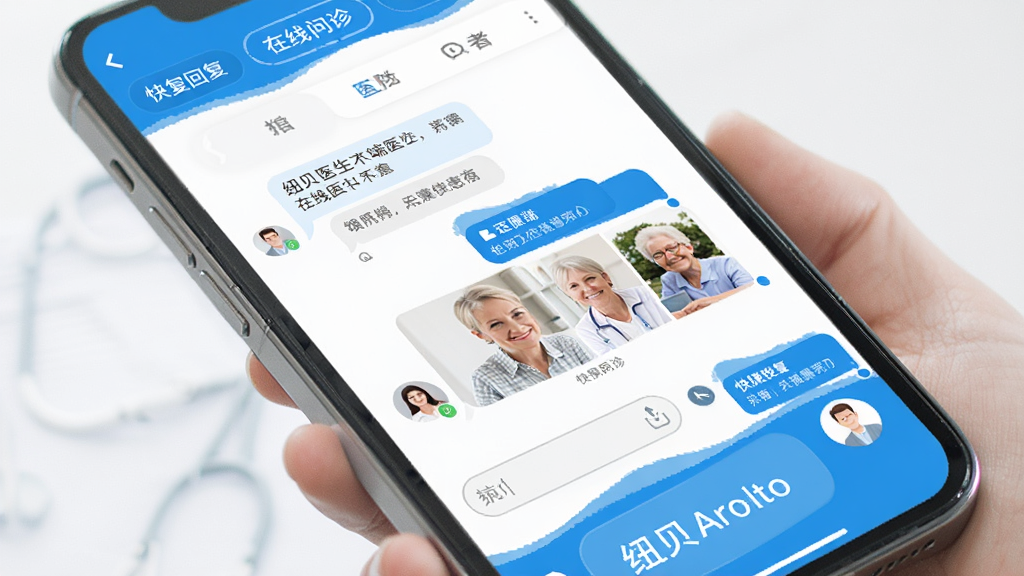 纽贝医生医生端在线问诊界面,主体为医生与患者对话窗口,布局为手机屏幕展示,排版包含文字气泡与图片缩略图,风格为清新医疗蓝白配色,细节有输入框、快捷回复按钮、患者头像,画质清晰,干净无多余元素