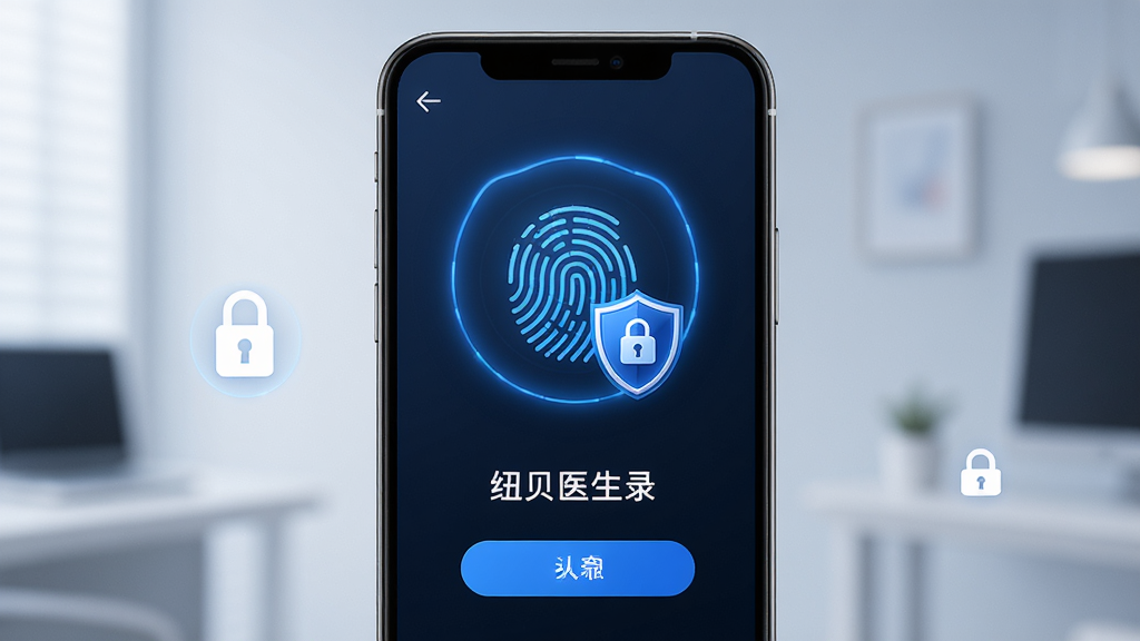 纽贝医生医生端安全登录界面,主体为手机屏幕显示指纹识别图标与盾牌安全标识,布局为居中对称排版,风格为科技安全感,细节有蓝色光晕、加密锁图标、实名认证徽章,画质高清,干净无多余元素