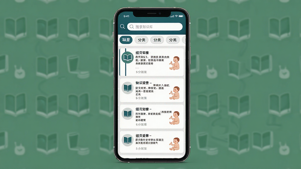 纽贝医生医生端知识库界面,主体为手机屏幕展示科普文章列表与分类标签,布局为网格与列表混合排版,风格为学术专业感,细节包含书本图标、儿科插图、搜索栏,画质清晰,干净无多余元素