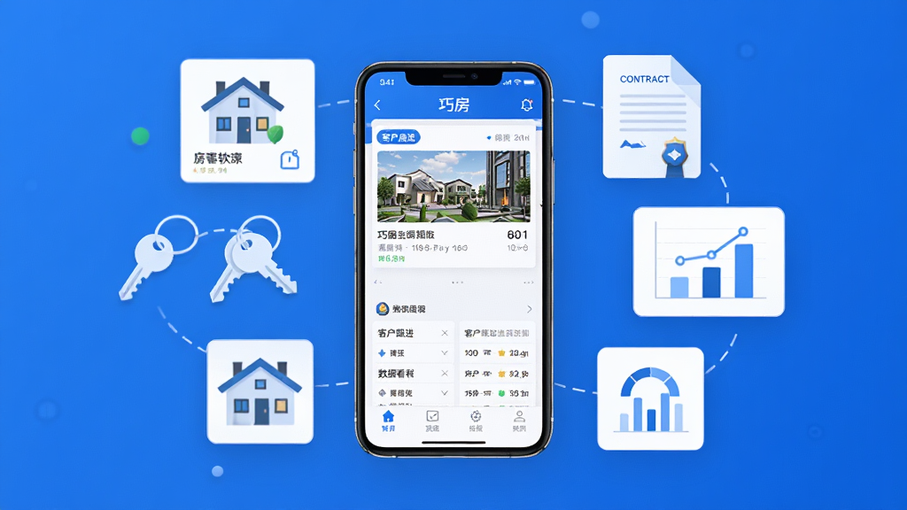 巧房软件功能全貌展示,画面中央是一部智能手机,屏幕显示巧房App主界面,界面内包含房源列表、客户跟进、数据看板等模块,手机周围环绕房源卡片、钥匙、合同文件、业绩图表等图标元素,整体布局简洁清晰,风格为扁平化商务科技风,色调以蓝色和白色为主,细节干净利落,画质高清,无多余杂乱元素