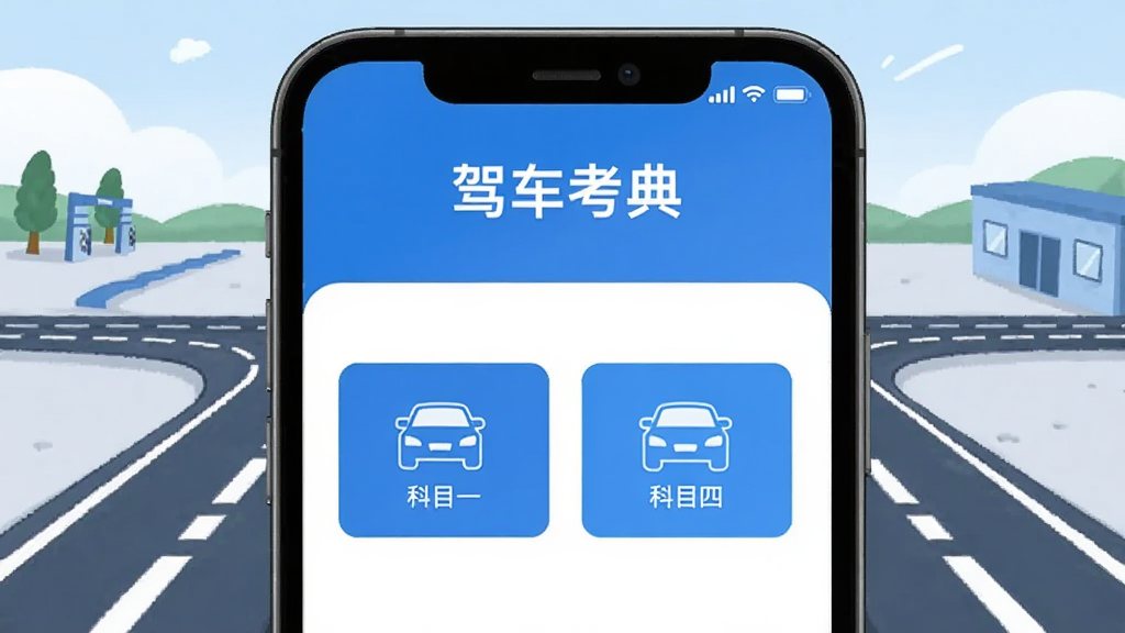 一张展示手机屏幕的图片,屏幕上显示着驾车考典APP的首页界面,界面中有科目一和科目四的选项按钮,背景是驾校训练场和道路标线的插画风格,整体色调以蓝色和白色为主,排版清晰,画质干净,无多余元素