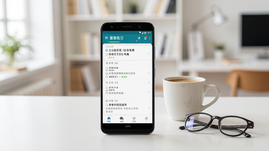 一部安卓手机放置在桌面上,屏幕显示驾车考典APP的章节练习列表,旁边有一杯咖啡和一副眼镜,背景是明亮的书房环境,风格生活化,画面干净,画质清晰