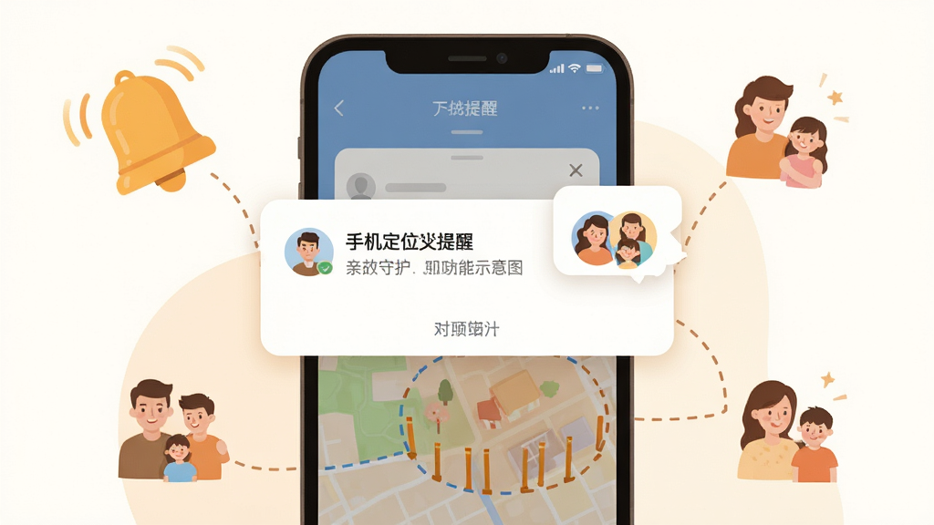 手机定位找人大师APP亲友守护提醒功能示意图,画面主体为手机屏幕展示通知弹窗与地图围栏区域,布局为手机居中、周围环绕铃铛与家庭图标,排版突出提醒卡片与地图围栏,风格为温馨扁平化插画,细节包含围栏虚线、通知气泡、家庭成员头像,画质高清,画面干净,无多余元素