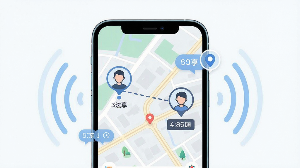 手机定位找人大师APP实时位置共享功能界面展示图,画面主体为一部手机,屏幕中显示地图上两个头像图标通过虚线连接,布局为手机居中、周围环绕信号波纹与位置气泡,排版突出地图与头像,风格为清爽科技感UI插画,细节包含道路线条、定位标记、距离数值,画质高清,画面干净,无多余元素