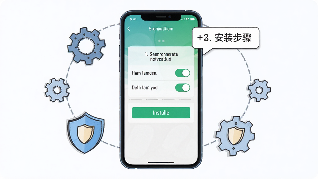 手机定位找人大师APP新手安装设置流程图,画面主体为手机屏幕展示权限设置与安装步骤界面,布局为手机居中、周围环绕齿轮与盾牌图标,排版突出设置选项与步骤序号,风格为简洁教程插画,细节包含权限开关、安装按钮、提示气泡,画质高清,画面干净,无多余元素