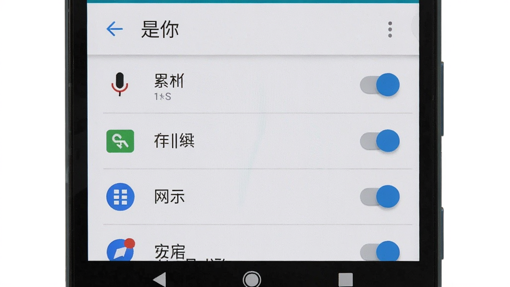一张展示“是你”软件安装权限设置界面的手机截图,画面中手机屏幕显示安卓系统的应用权限管理页面,包含麦克风、存储、网络等权限开关,界面风格为原生安卓设置风格,布局清晰,细节包括权限图标和开关按钮,画质高清,干净,无多余元素