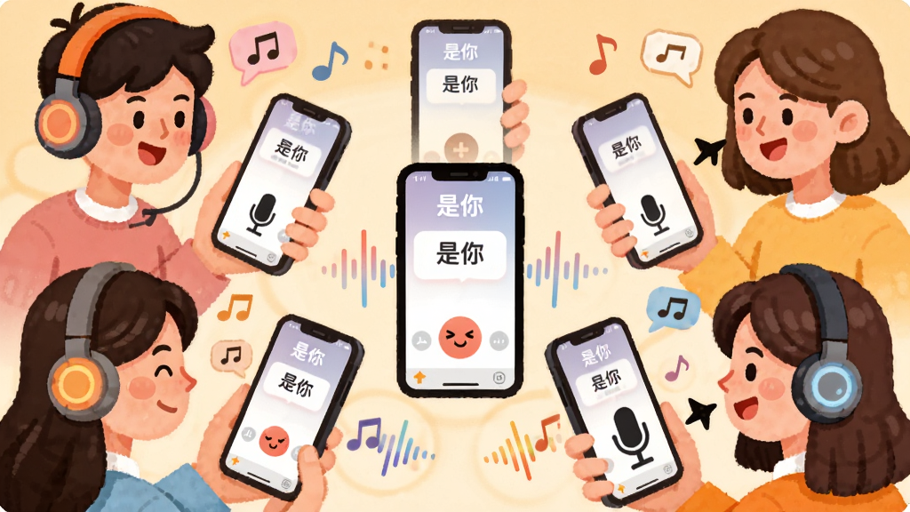 一张描绘“是你”软件语音连麦场景的插画,画面主体是几位年轻人的卡通形象,每人手持手机,手机屏幕显示“是你”语音房间界面,人物周围有彩色声波线条和音符符号,布局为圆形环绕式,风格温暖活泼,细节包括耳机、麦克风、表情气泡,画质高清,干净,无多余元素