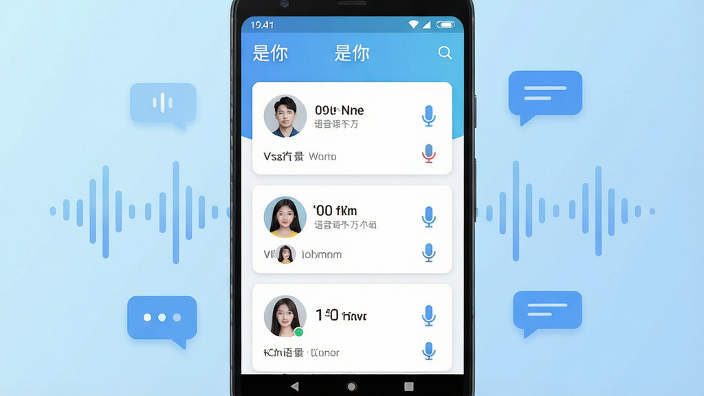 一张展示“是你”语音社交软件主界面的手机应用截图,画面中心是一部竖屏安卓手机,手机屏幕上显示“是你”软件的房间列表界面,包含多个语音房间卡片、用户头像和麦克风图标,界面风格简洁清新,背景为浅蓝色渐变,周围漂浮着声波符号和对话气泡,整体布局清晰,风格现代科技感,细节丰富,画质高清,干净,无多余元素