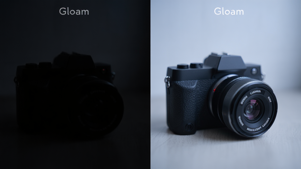 一张展示Gloam相机暗部光影引擎工作效果的对比图,左侧为普通手机拍摄的暗调场景,右侧为Gloam相机处理后的画面,右侧画面中暗部细节清晰可见,灯光柔和,整体色调偏冷,风格为专业摄影对比图,布局为左右分栏,画质干净,无多余元素
