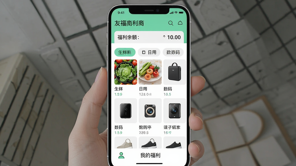 手机界面展示“友福利”定制商城首页,顶部显示企业名称与福利余额,中部为商品瀑布流,包含生鲜、日用、数码等分类标签,底部有“我的福利”入口,风格清新简约,画质细腻,干净无杂乱元素