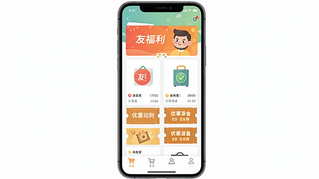 手机屏幕中央显示“友福利”应用界面,上方是福利商城横幅,中间排列着商品卡片与优惠券图标,下方有导航栏,整体布局清晰,采用扁平化设计风格,细节包含购物车、个人中心图标,画质高清,干净无多余元素