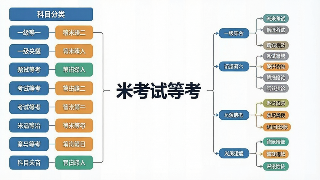 一张信息图展示“米考试等考”题库结构,左侧为科目分类列表,右侧为章节知识点树状图,中心位置有“米考试等考”文字标识,布局对称,风格简约商务,细节包含一级到四级标签,画质清晰,干净,无多余元素