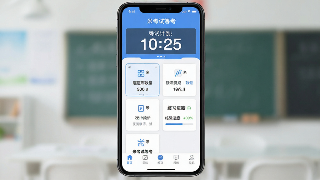 一张手机屏幕展示“米考试等考”APP主界面,顶部显示考试倒计时,中部为科目选择卡片,底部导航栏清晰可见,整体布局简洁,风格清爽教育类,细节包含题库数量与练习进度,画质高清,干净,无多余元素