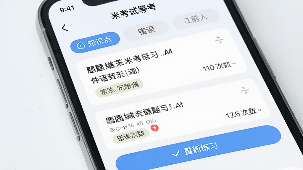 手机界面展示“米考试等考”错题本页面,顶部有筛选标签,中部为错题卡片列表,每张卡片显示题目摘要与错误次数,底部有“重新练习”按钮,布局清晰,风格清新浅色,细节包含知识点标签,画质高清,干净,无多余元素