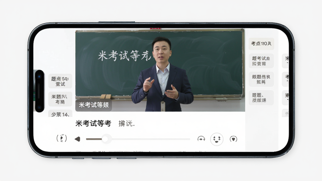 手机播放“米考试等考”视频解析页面,屏幕上方为讲师讲解画面,下方为题目与选项,侧边有考点标签,布局简洁,风格素雅极简,细节包含播放进度条与倍速按钮,画质高清,干净,无多余元素