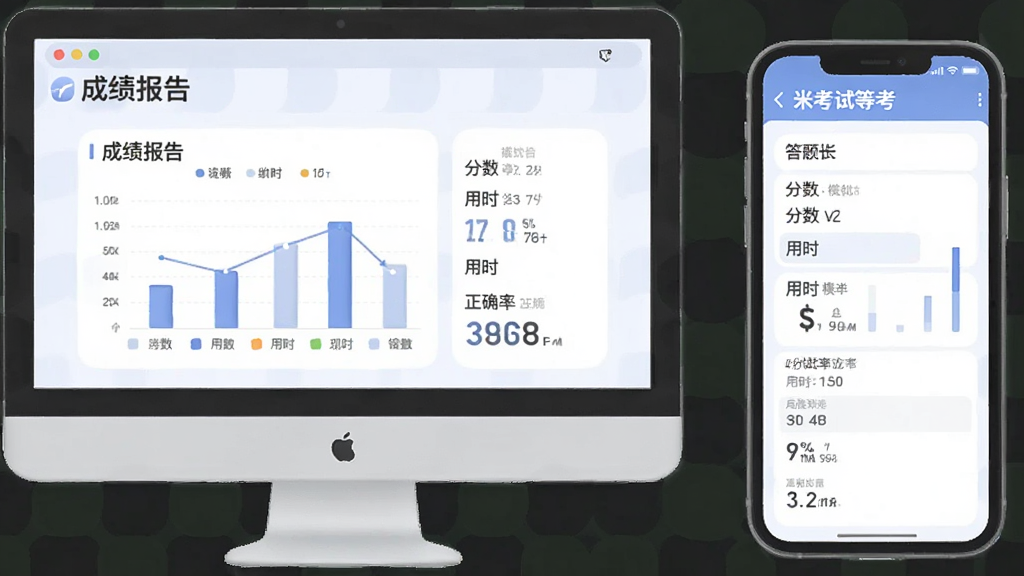 一张电脑与手机并排展示“米考试等考”模拟考试界面,电脑端显示成绩报告图表,手机端显示答题卡,布局左右对比,风格柔和圆角,细节包含分数、用时、正确率等数据,画质清晰,干净,无多余元素