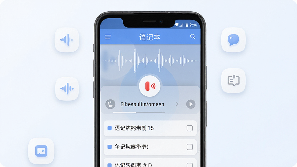 语记本软件主界面全貌展示,手机屏幕中央显示语音波形与文字转换区域,主体为一部安卓手机,布局采用居中构图,排版清晰展示标题栏、录音按钮与笔记列表,风格为现代简约科技风,细节包含柔和的蓝白配色、圆角图标、半透明背景,画质高清,干净,无多余元素