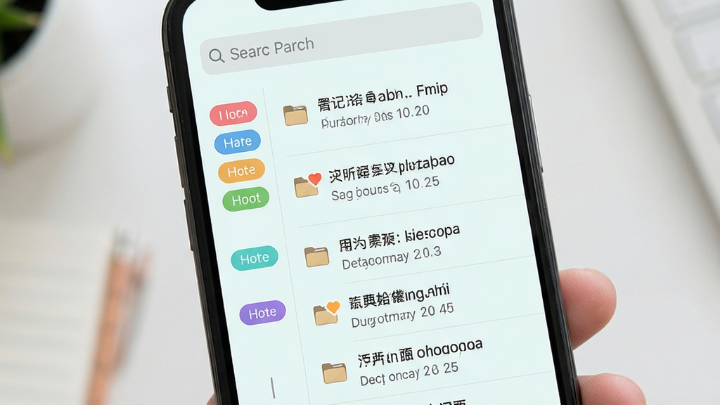 语记本笔记管理界面展示图,画面主体为手机屏幕显示笔记列表与分类标签,布局为纵向列表搭配顶部搜索栏,排版左侧为彩色标签右侧为笔记摘要,风格为清新浅色系,细节包含文件夹图标、置顶标记、日期显示,画质高清,干净,无多余元素