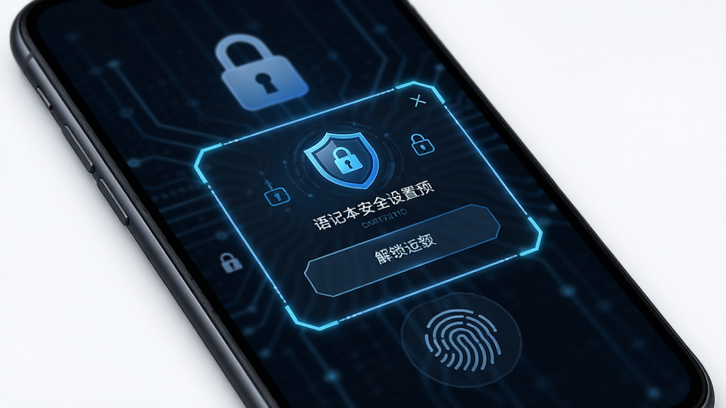 语记本安全设置界面预览图,画面主体为手机屏幕显示密码锁与指纹图标,布局为居中弹窗样式,排版上方为盾牌图标下方为解锁选项,风格为安全科技感,细节包含深色背景、发光边框、加密符号,画质清晰,干净,无多余元素