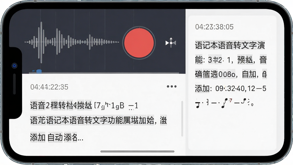 语记本语音转文字功能演示图,画面主体为手机屏幕特写,显示正在录音的红色按钮与下方同步生成的文字段落,布局为上下结构,排版左侧为波形动画右侧为文字框,风格为扁平化UI设计,细节包含时间戳、标点符号自动添加,画质清晰,干净,无多余元素