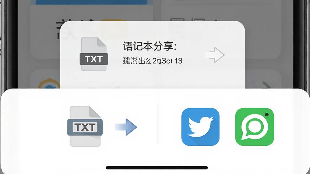 语记本导出分享功能示意图,画面主体为手机屏幕显示分享菜单与文件格式选项,布局为底部弹出面板,排版左侧为TXT图标右侧为社交软件图标,风格为轻量扁平化,细节包含箭头动画、文件大小提示,画质高清,干净,无多余元素