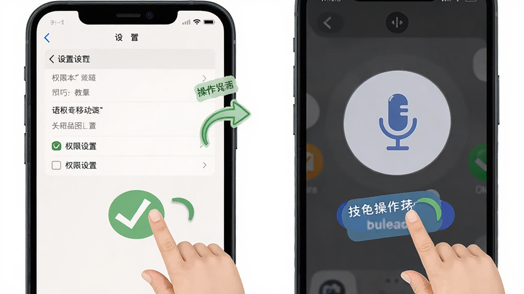 语记本移动端使用技巧示意图,画面主体为手机屏幕显示权限设置与麦克风图标,布局为分步图解样式,排版上方为设置菜单下方为操作手势,风格为友好教学风,细节包含箭头指引、文字标注、绿色对勾,画质高清,干净,无多余元素