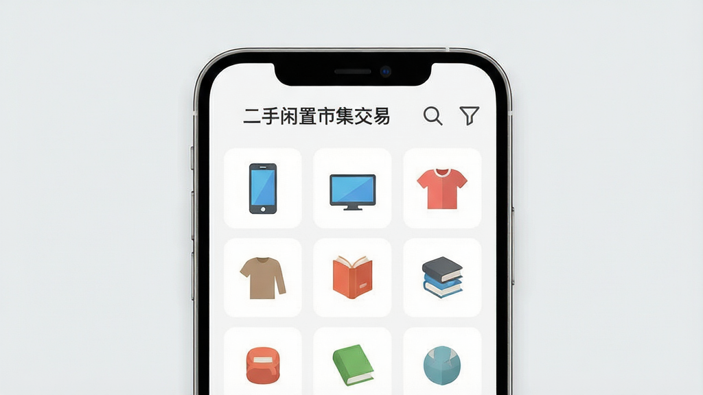 一幅展示二手闲置市集交易软件分类搜索功能的界面图,画面中手机屏幕呈现网格状的商品分类图标,如手机、电脑、衣服、书籍等,旁边有搜索放大镜和筛选漏斗图标,背景为浅灰色,布局简洁明了,风格为现代UI设计展示图,细节清晰,画质干净,无多余元素,屏幕上方显示文字“二手闲置市集交易”。