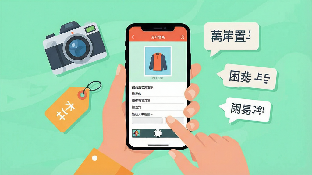 一幅展示用户正在使用二手闲置市集交易软件快速发布商品的场景图,画面主体是一双手持着手机,手机屏幕上显示着商品拍照上传界面和填写信息的表单,周围漂浮着相机、价格标签、文字气泡等元素,布局采用中心构图,风格为扁平化矢量插画,色彩清新明快,细节处理精致,画质清晰,干净无多余元素,图片中出现文字“二手闲置市集交易”。