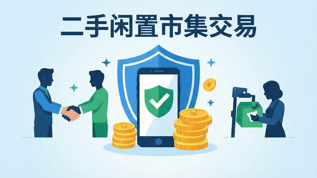 一幅展示二手闲置市集交易软件安全交易提示的插画,画面中有一个盾牌图标保护着手机和金币,旁边有交易双方握手和验货的剪影,背景为浅蓝色渐变,布局采用中心对称式,风格为扁平化安全宣传插画,色彩以蓝、绿、白为主,细节清晰,画质干净,无多余元素,图片中带有文字“二手闲置市集交易”。